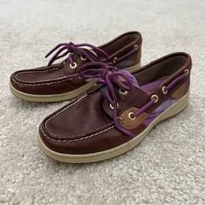 Sperry Women’s Bluefish 5M Purple Plaid 2-Eye Boat Shoe Top Sider Brown Leather,
